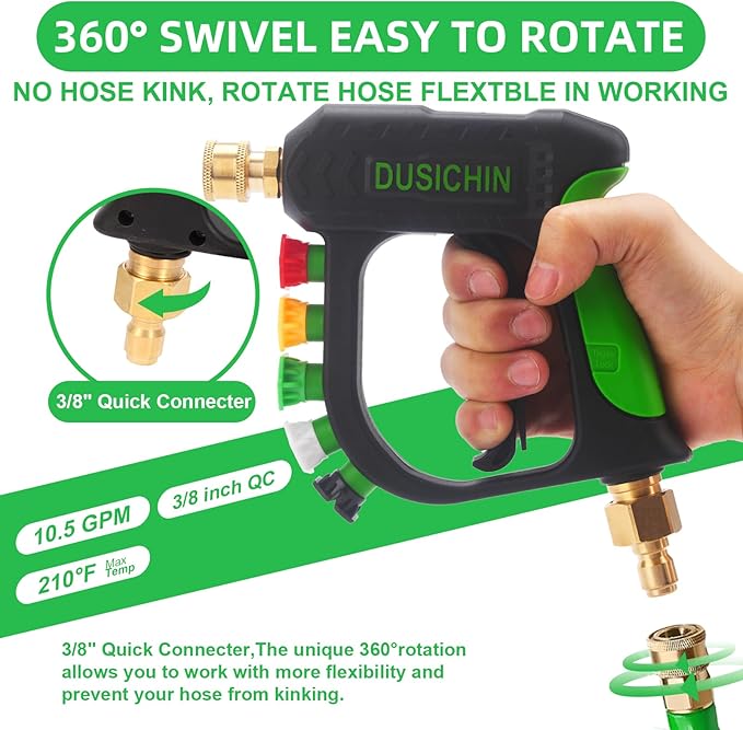 DUSICHIN Short Pressure Washer Gun Car Wash Foam Gun 1/4" Quick Connector, Power Washer Wand Sprayer Foam Green Handle with 3/8" Quick Connect, M22-14 mm and M22-15 mm Fitting,5 Nozzles DUS2701