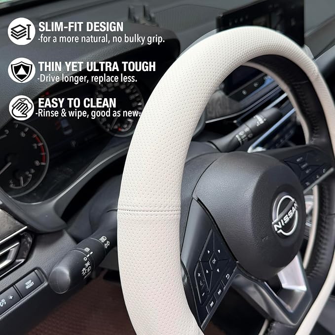 PINCTROT D Shaped Nappa Leather Steering Wheel Cover with Ergonomic Palm Support Grip, Full Perforated Breathable, Slim Fit No Bulk Design, Flat Bottom 14.5-15 Inch (Cream White)