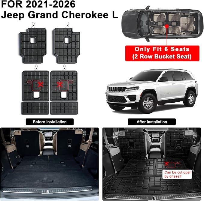 Floor Mats for 2021-2025 2026 Jeep Grand Cherokee L 6 Seats (2nd Row Bucket Seats) & Cargo Mat & Backrest Mat,TPE All Weather Protection Car Mats 2nd & 3rd Covering The Backrest Accessories