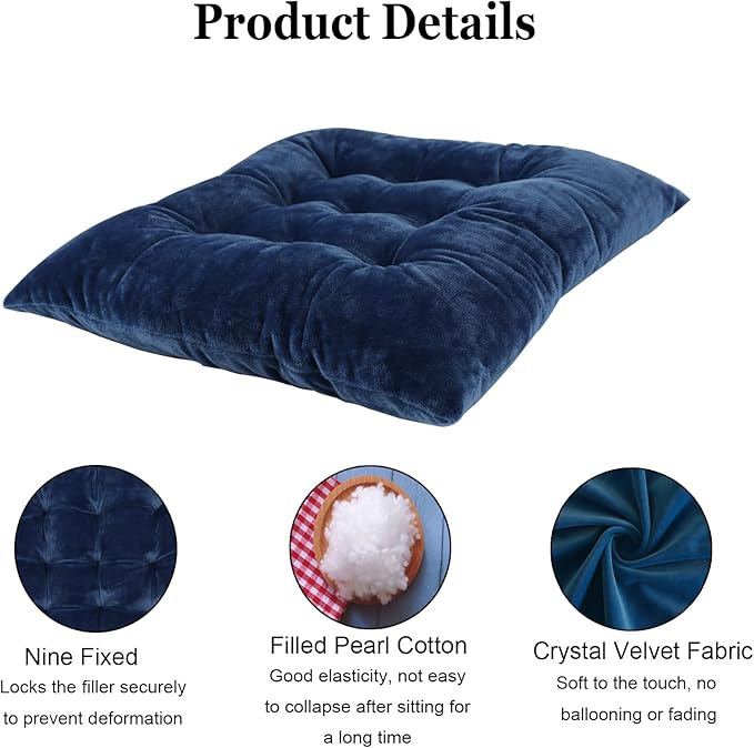 2 Pack Square Seat Cushion Chair Pads for Kitchen Dining Chairs, Soft Comfort Velvet Chair Mat Pillow Cushions with Ties for Office Desk Living Room Tatami 15.5", Blue