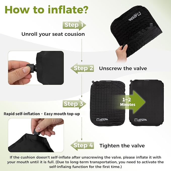 ATEPA Inflatable Seat Cushion, Compact Self-Inflating Seat Cushion for Stadium Airplane Air Travel Bleacher Camping, Blow Up Foam Seat Pad for Outdoor Sports Events Backpacking Hiking Sitting