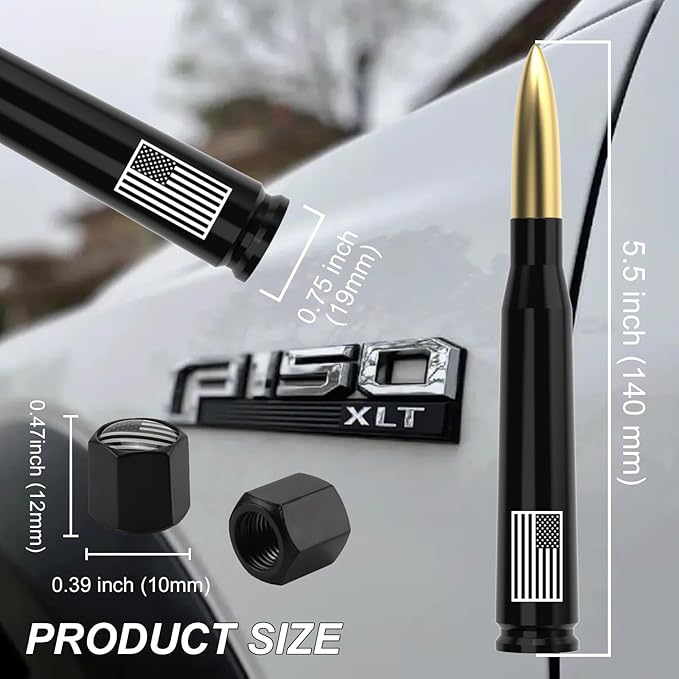 Car Truck Antenna with Tire Valve Caps American Flag Universal Short Replacement for GMC Sierra Chevy Silverado Dodge Ram 1500 2500 3500 Ford F150 F250 F350 Super Duty Raptor Accessories, Gold