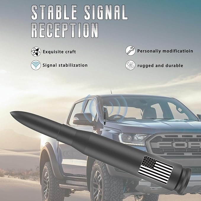 American Flag Car Truck Antenna with Valve Stem Caps, Universal Mast for GM Chevy Silverado 1500 2500 3500 HD Avalanche Ford F150 F250 F350 Denali Heavy Duty Pickup Trucks Accessories (Black)