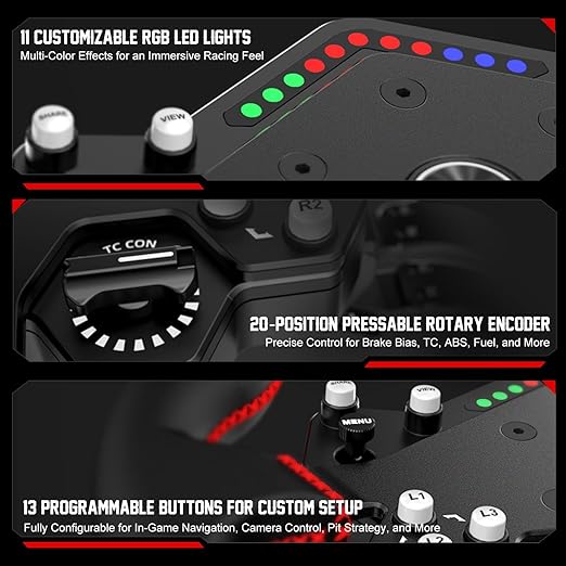 PXN W DS R2 Gaming Racing Wheel – Quick Release, 4 Paddle Shifters, Dynamic RGB Rev Lights, Microfiber Leather Grip, 11.8-Inch PC Steering Wheel, Compatible with VD4 / VD6 / VD10 Direct Drive Bases