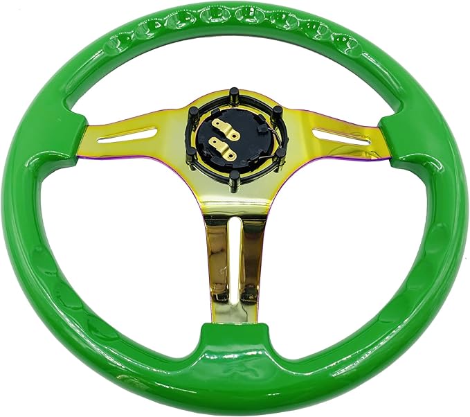 350mm Green Racing Steering Wheel Neo Chrome Spoke Universal 6 Bolts 45mm Deep Dish Classic ABS Wood Steering Wheel with Horn Button