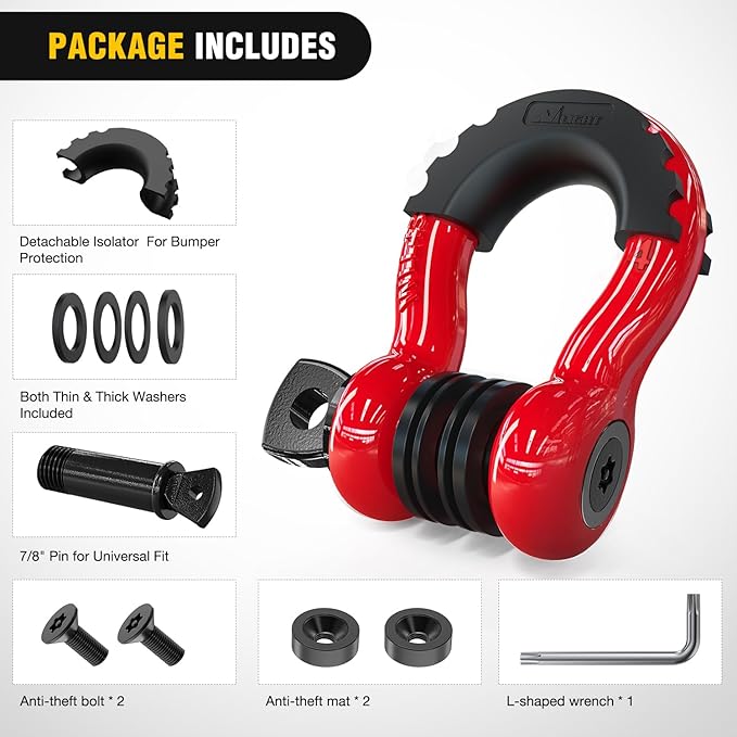 Nilight 3/4 inch D Ring Shackle 2 Pack 19T (41,887 lbs) Break Strength 4.75T WLL Heavy Duty Towing Hook with Anti-Theft System Anti-Rattle Isolators for Truck Jeep SUV ATV UTV Recovery Red