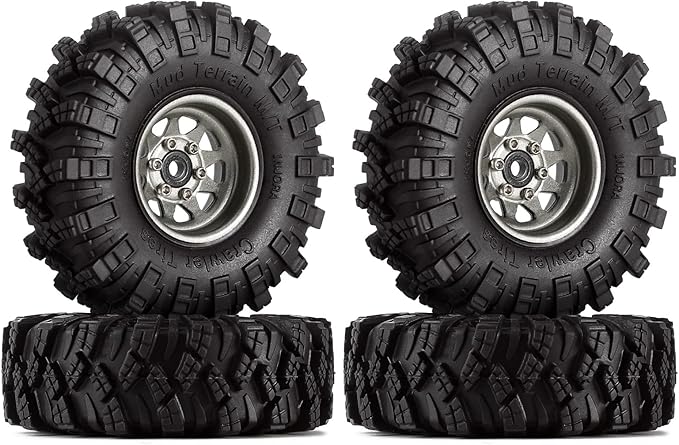 INJORA 1.0 Beadlock Wheel Mud Tires Set Deep Dish 1.0" Wheels Tires for 1/18 TRX4M Axial AX24 SCX24 Gladiator Deadbolt Bronco C10 JLU Upgrade Parts（Grey）