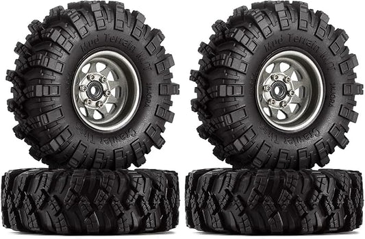 INJORA 1.0 Beadlock Wheel Mud Tires Set Deep Dish 1.0" Wheels Tires for 1/18 TRX4M Axial AX24 SCX24 Gladiator Deadbolt Bronco C10 JLU Upgrade Parts（Grey）