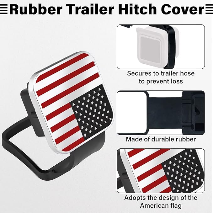2 Inch Rubber Trailer Hitch Cover, Durable Tow Hitch Covers with American Flag, Car Exterior Accessories Fits for 2 Inches Hitch Receivers, Hitch Cover Tube Plug Cap for Trucks(Silver&Red Line)