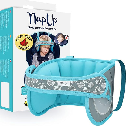 NapUp Adjustable Head Support for Car Seat – Patented & Crash-Tested Anti-Bobbing Head Holder Strap, Comfortable Sleep Solution - Breathable Fabric, Kids Travel Accessories - Ages 2+ - Light Blue