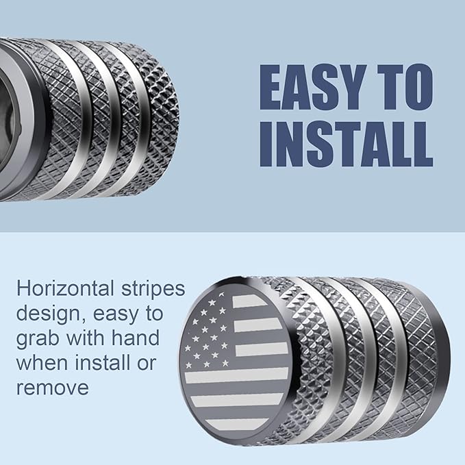 Tire Valve Stem Cap Cover - (5 Pack) Tire Air Cap Metal with Plastic Liner Corrosion Resistant Leak-Proof American Flag for Car Truck Motorcycle Bike Grey