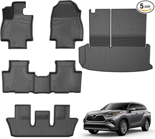 AOMSAZTO Floor Mats and Cargo Mat Compatible with 2024-2025 Toyota Grand Highlander (7 Seats Only): All Weather TPE Protection Full Set Grand Highlander Floor Liners (Not Fit Highlander)