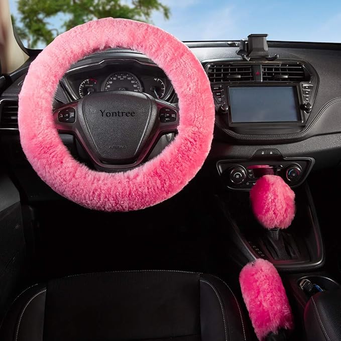 Yontree Fashion Fluffy Steering Wheel Covers for Women/Girls/Ladies Australia Pure Wool 15 Inch1 Set 3 Pcs(Pink)
