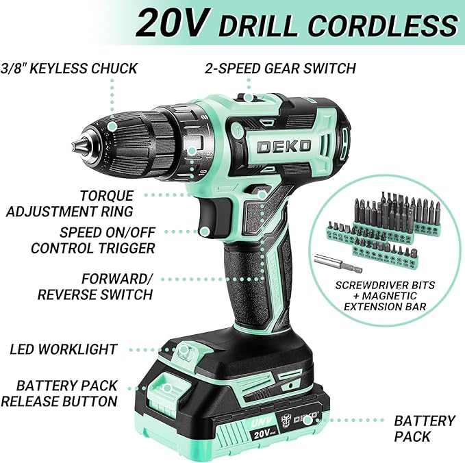 Drill Tool Kit Set: 20V Cordless Power Drill Tool Box with Battery Electric Drill Driver for Men Home Hand Repair Basic Toolbox Tools Sets Drills Case, Turquoise