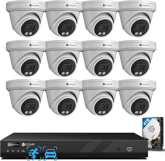 4COVR 4K PoE Security Camera System 16 Channel, AI Human Vehicle Detection & Night Vision, 12Pcs 8MP Wired Commercial Dome IP Camera IP67, 8MP NVR 4TB HDD, Business Surveillance Outdoor, LY97SA8M1612