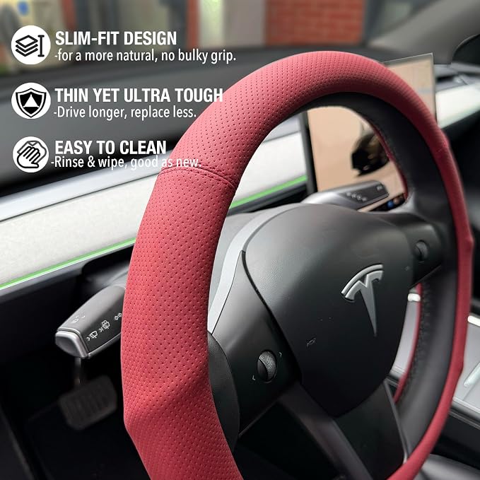 PINCTROT Supported Grip Nappa Leather Steering Wheel Cover for Tesla Model Y/3 Highland/Juniper, D Shaped 14 Inch Small Sized with Breathable Perforation, Flat Bottom 14 Inch(Burgundy Red)