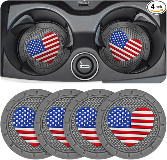 AUCELI 4 Pack Car Cup Holder Coasters, Colored American Flag US Flag Insert Car Cup Coaster, 2.75 Inch Anti Slip Shockproof Embedded Drink Mat, Vehicle Interior Decor Accessories