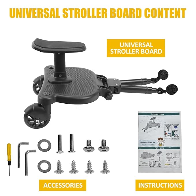 2025 New-Universal Stroller Board with Detachable Seat, 2in1 Sit and Stand Stroller Glider Board for Most Strollers, Holds Children Up to 55 LBs Stroller Connectors Standing Board