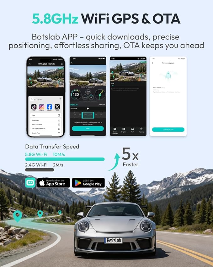 BOTSLAB 3K 4 Channel Dash Cam, 360° All-Sides View, Front and Rear Inside Car Camera with 3.18”Touch Screen, Dash Camera 24/7 Parking Mode, Built-in GPS 5.8GHz WiFi Voice Control, Free 128GB Card