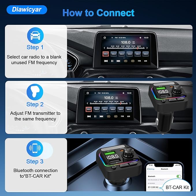 FM Transmitter Bluetooth Car Adapter - 63W Wireless Radio FM Bluetooth Transmitter with Deep Bass Player for Old Cars [PD 45W & QC3.0], Car Charger USB C Fast Charge, Hands-Free Calling, Black
