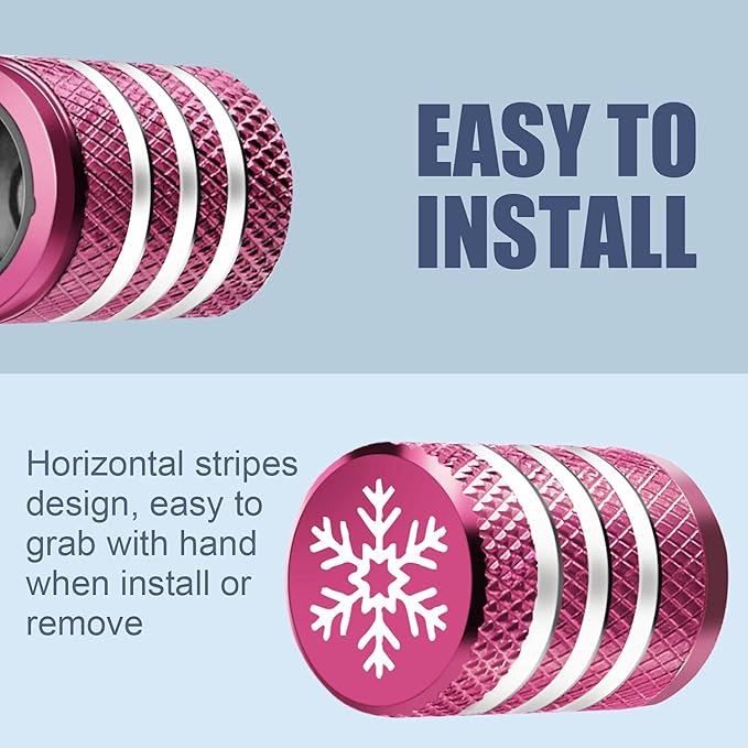 Tire Valve Stem Cap Cover - (5 Pack) Tire Air Caps Metal with Plastic Liner Corrosion Resistant Leak-Proof Snow Snowflake for Car Motorcycle Bike Pink