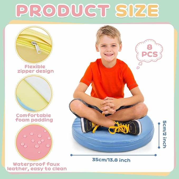 Juexica 8 Pcs Extra Thick Flexible Seating Floor Cushion Assorted Colored Floor Pillow Classroom Seat Cushion Soft Classroom Seating for Kid Learning(Macaron Color,13.8 x 13.8 x 2 Inch,Round)