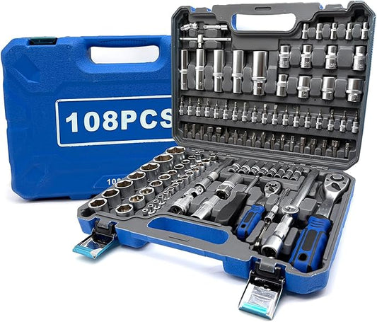 Automotive Tool Set - 108pcs Pearl Nickel Mechanics 72-Tooth Ratchet Socket Set for Car Repair, 1/2" & 1/4" Drive Set, Heat-Treated Alloy Steel The Latest Technology Metric Car Tool Set