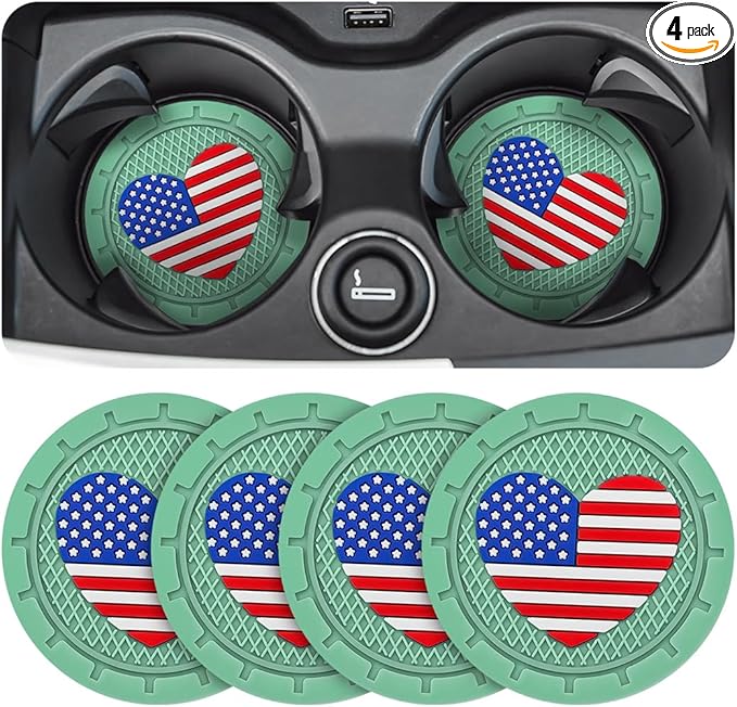 AUCELI 4 Pack Car Cup Holder Coasters, Colored American Flag US Flag Insert Car Cup Coaster, 2.75 Inch Anti Slip Shockproof Embedded Drink Mat, Vehicle Interior Decor Accessories