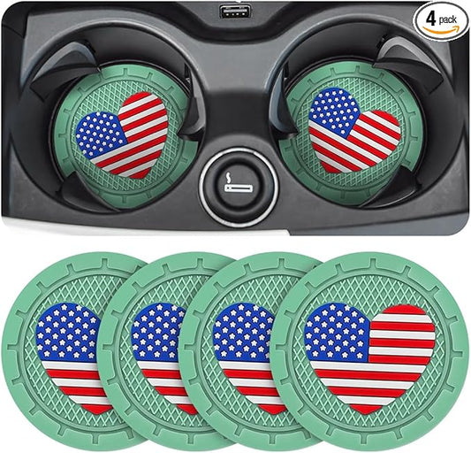 AUCELI 4 Pack Car Cup Holder Coasters, Colored American Flag US Flag Insert Car Cup Coaster, 2.75 Inch Anti Slip Shockproof Embedded Drink Mat, Vehicle Interior Decor Accessories