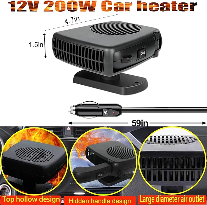 Portable Car Heater and Defroster That Plugs into Cigarette Lighter for Car 12V 200W Fast Heating and Cooling Fans for Car Hidden Handle 360 Degree Car Heaters for Vehicle