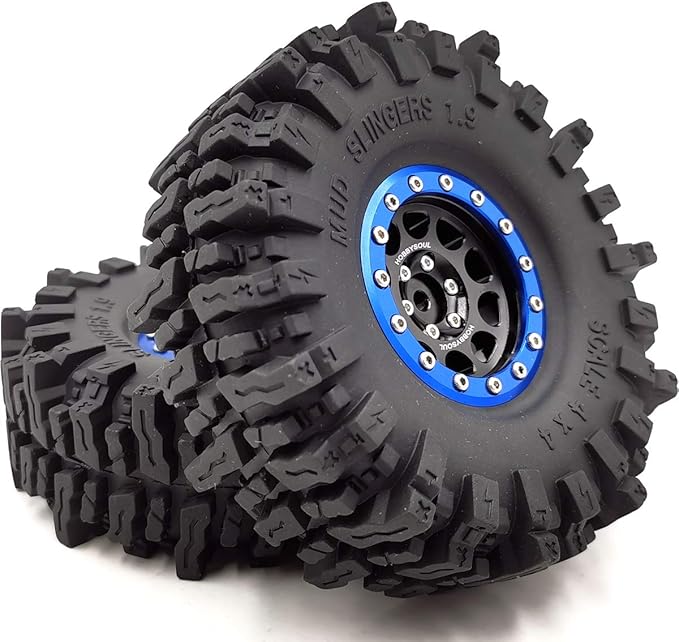 HOBBYSOUL 120mm Tall 1.9 Mud Slingers Tires T8 Soft Sticky Tyres & 1.9 Beadlock Wheels Rims Black Blue For RC 1/10 Rock Crawler SCX10 TRX4 Gen8, (4-Pack, HS700601)