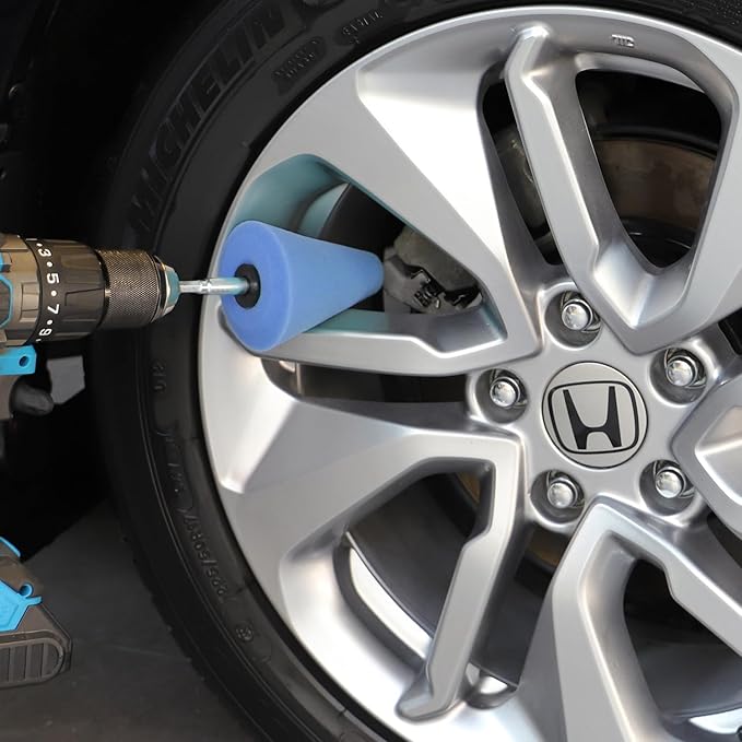 SPTA Polishing Cone, Car Wheel Hub Drill Buffing Sponge Pads Kit, Polishing Ball (Blue T80 Medium Cut Polishing Cone)