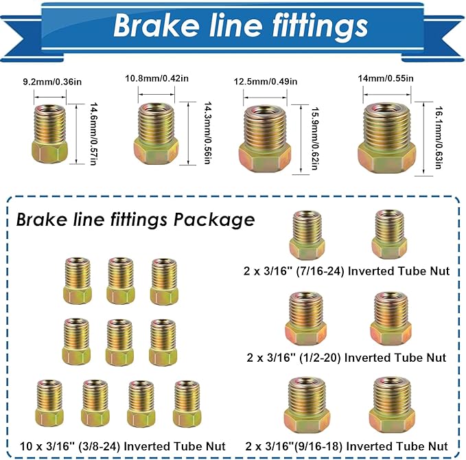 3/16inch x 25 ft Brake Line Tubing Kit Flexible Zinc Coated Alloy Brake Line Tubing Coil with 16 Inverted Flare Fittings SAE Standard