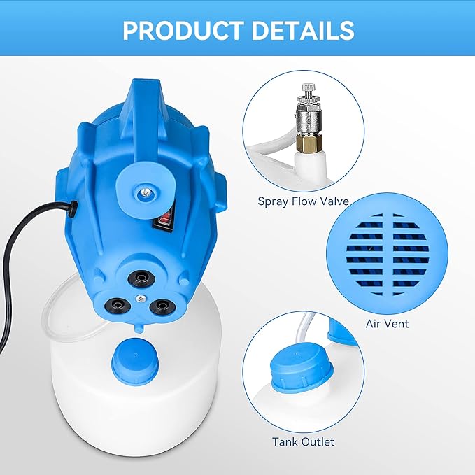 5L (1.3 Gallon) Electric ULV Fogger Machine with 3 Nozzles, Portable Sprayer Cold Fogger Machine Spraying Adjustable Flow Rate Distance 30ft for Home Hotel Church School Yard Garden
