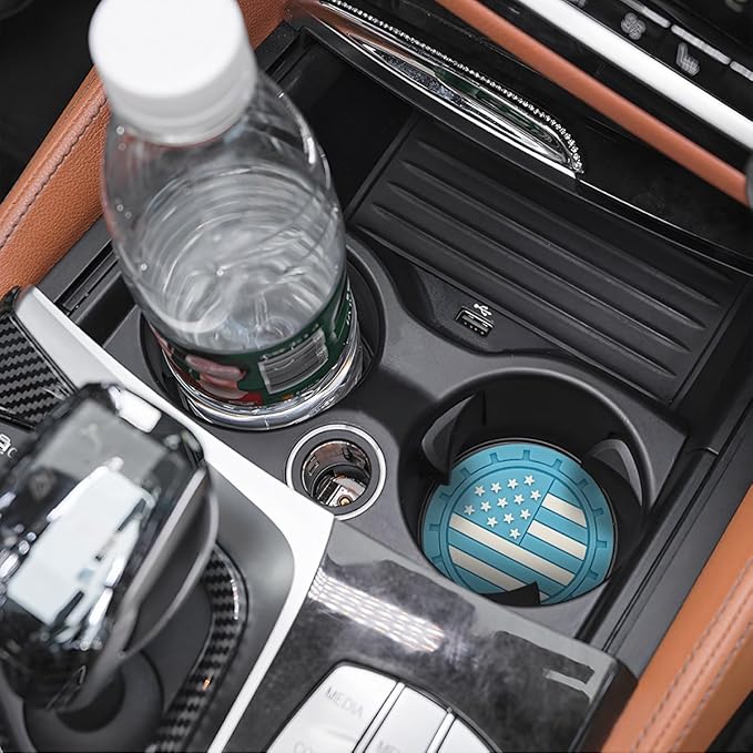 Osilly Car Cup Holder Coasters, 4 Pack American Flag Insert Car Cup Coaster, 2.75 Inch PVC Anti Slip Shockproof Embedded Drink Mat, Car Interior Decoration Accessories for SUV, Truck(Light Blue)