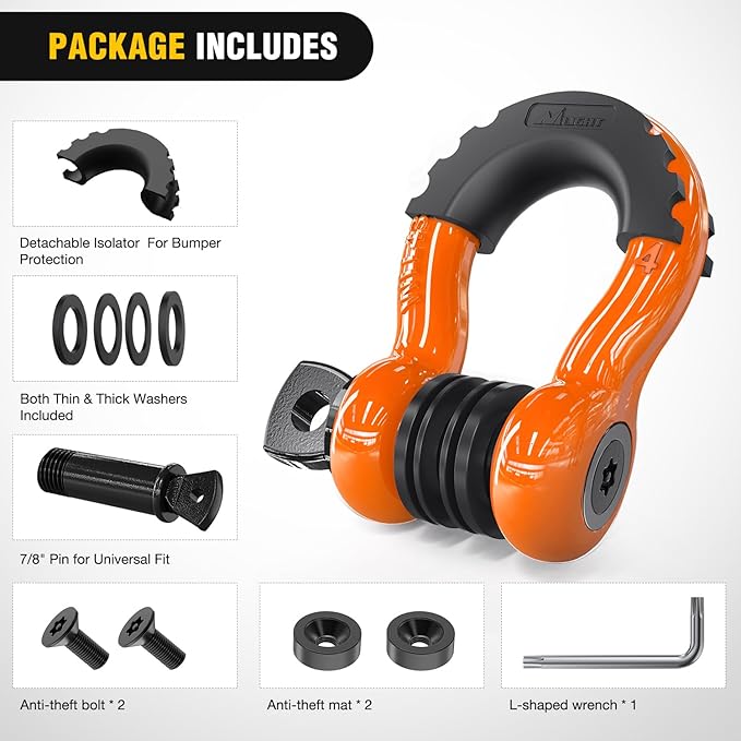 Nilight 3/4 inch D Ring Shackle 2 Pack 19T (41,887 lbs) Break Strength 4.75T WLL Heavy Duty Towing Hook with Anti-Theft System Anti-Rattle Isolators for Truck Jeep SUV ATV UTV Recovery Orange