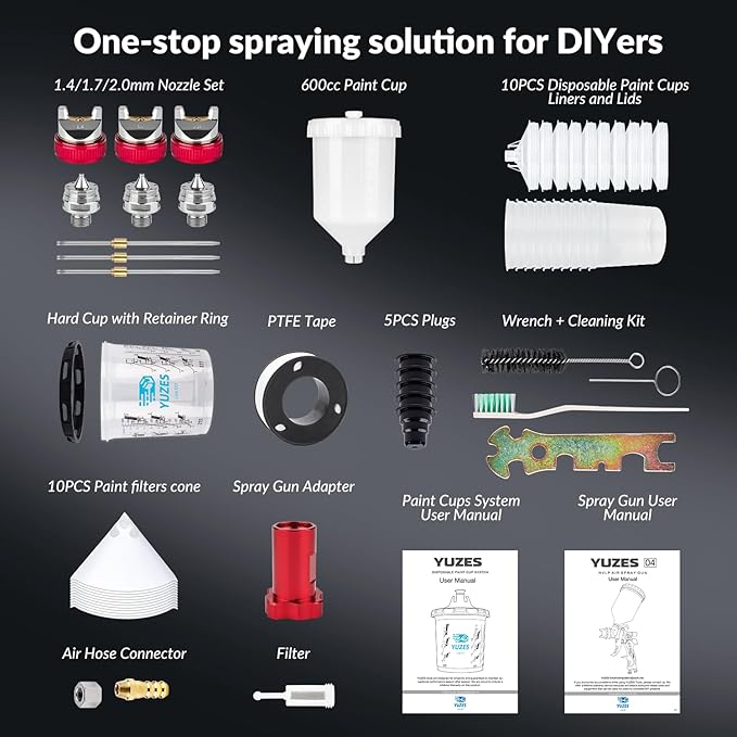 YUZES HVLP Spray Gun Kit with 1.4/1.7/2.0mm Nozzles, Air Spray Gun for Painting Cars, Furniture & DIY, 10 Disposable Paint Gun Cups & 600ml Mixing Cup with Ratio, with Paint Sprayer Accessories