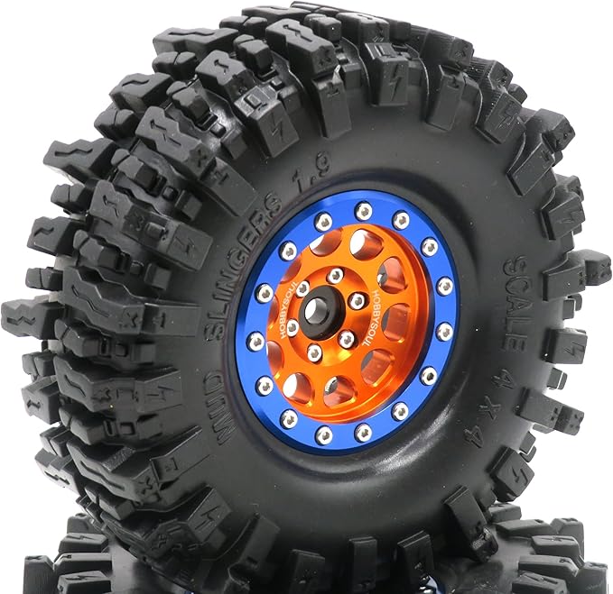 HOBBYSOUL 1.9 Mud Slingers Tires Soft Sticky Tyres 120mm / 4.72inch & Metal 1.9 Beadlock Wheels Orange Blue Rims for 1/10 RC Crawler Trail Traxxas TRX4 Axial SCX10 Redcat Gen8 upgarde