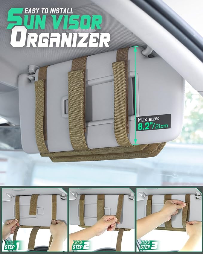LIVANS Tactical Car Sun Visor Organizer, Auto Accessories Semi-Rigid Molle Panel with Zipper Storage Pouch & Glasses Holder, Gift for Car Gear, Fit Cars, Trucks, Suvs, Jeeps & Patrols (Khaki)