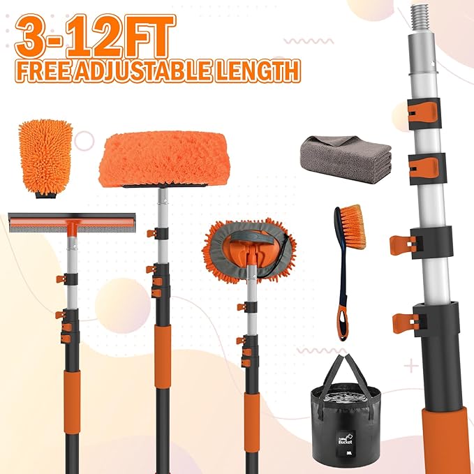 12FT Car Wash Brush with Long Handle, Car Cleaning Kit with Soft Bristle Wash Brush, Microfiber Cleaning Mop, Window Squeegee, Mitt, Wheel Brush, Bucket, Drying Towel for RV, Truck, Boat