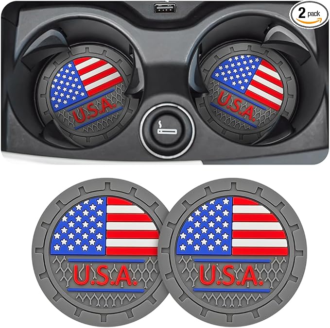 AUCELI 2 Pack Car Cup Holder Coasters, Colored American Flag US Flag Insert Car Cup Coaster, 2.75 Inch Anti Slip Shockproof Embedded Drink Mat, Vehicle Interior Decor Accessories