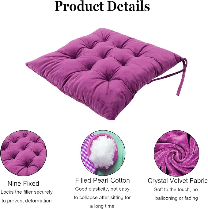 6 Pack Square Seat Cushion Chair Pads for Kitchen Dining Chairs, Soft Comfort Velvet Chair Mat Pillow Cushions with Ties for Office Desk Living Room Tatami 15.5", Purple