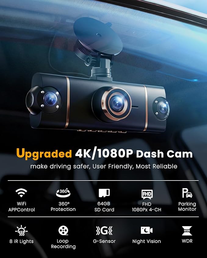 4 Channel 360° Dash Cam Front Rear Inside and Left Right, 4K+1080P*3 FHD Car Camera, 5GHz WiFi and App Control, 24H Parking Mode, 8 IR Lamps Night Vision, Includes 64GB SD Card, Black
