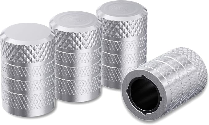 CKAuto Tire Valve Stem Caps, Silver, 4 pcs/Pack, Anodized Aluminum Tire Valve Cap Set, Corrosion Resistant, Universal Stem Covers for Cars Trucks Motorcycles SUVs and Bikes