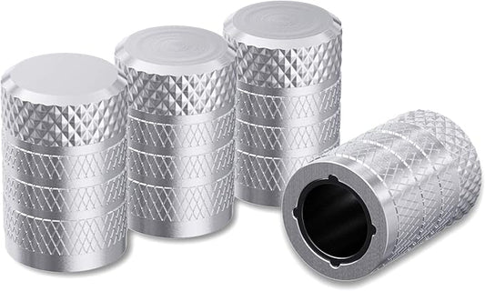 CKAuto Tire Valve Stem Caps, Silver, 4 pcs/Pack, Anodized Aluminum Tire Valve Cap Set, Corrosion Resistant, Universal Stem Covers for Cars Trucks Motorcycles SUVs and Bikes