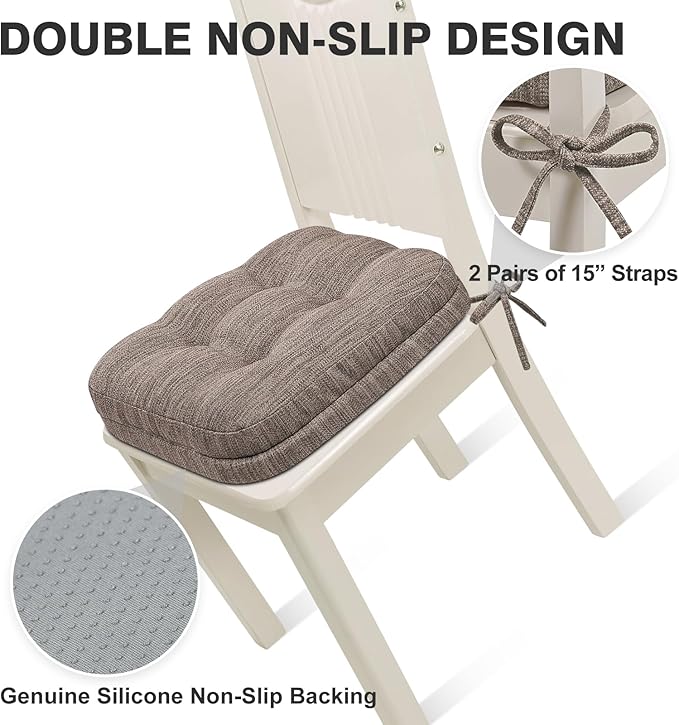 Shinnwa Dining Chair Cushions Set of 2, Dual-Layer Memory Foam Kitchen Chair Cushions, Patented Design Seat Pads with Ties, 16.5 x 16.5 x 3.5in, 2 Pack, Light Brown