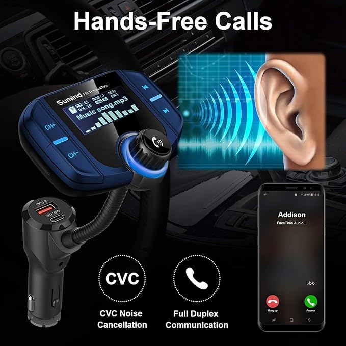Sumind 2026 Upgraded Wireless Bluetooth Car Adapter FM Transmitter, 1.7'' LCD Display, Flexible Gooseneck, 20W QC3.0&Dual USB Ports, AUX Input/Output for Hands-Free Call, Micro/TF Card(Blue,PD)