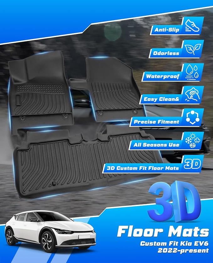 Sunsdrew Floor Mats for 2022-2024 Kia EV6 Accessories, All Weather Floor Liners Front Rear 2 Rows Car Mats TPE Rubber Raised Edge