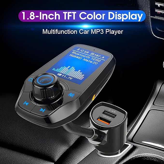 Bluetooth 5.0 FM Transmitter for Car, Wireless in-Car Radio Adapter Kit with Color Screen AUX Auto Music Adapter QC 3.0 USB Charger Voltage Detection