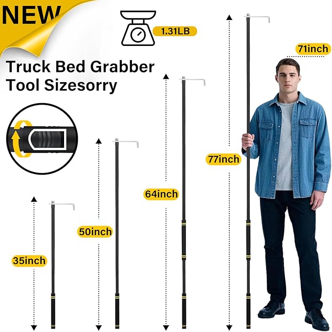Truck Cargo Retriever Heavy Duty, Cargo Grabber Truck Cargo Retriever 35-77" with Two Hooks Essential Pickup Truck Van RVs Tools Thickened Stainless Steel is Sturdy and Convenient